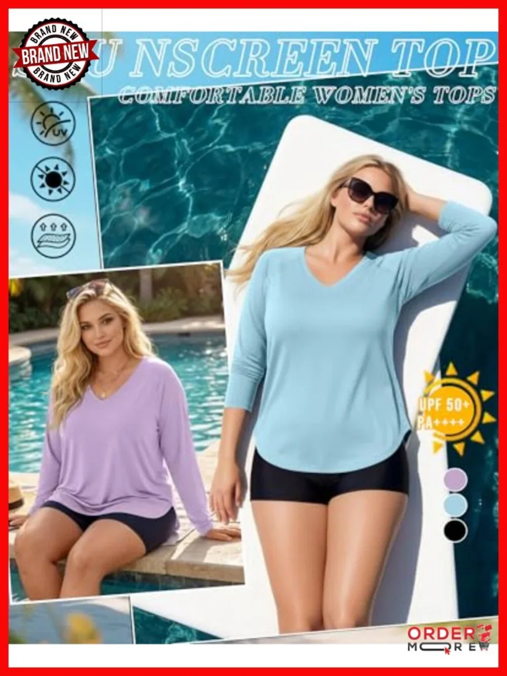 Plus Size Long Sleeve Rash Guard UV Sun Protection Quick Dry V Neck Swim Top